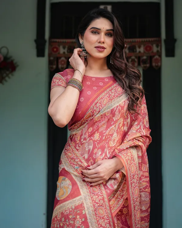 Crimson_Red_Handloom_Cotton-Linen_Saree_with_Mythological_Motifs_and_Floral_Border