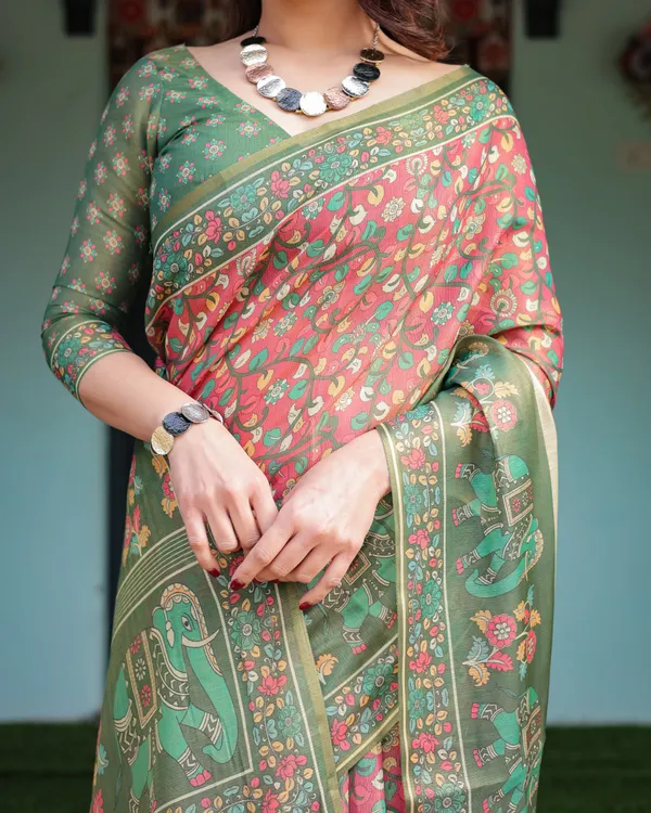 Green_and_Red_Handloom_Cotton-Linen_Saree_with_Elephant_Motifs_and_Floral_Detailing