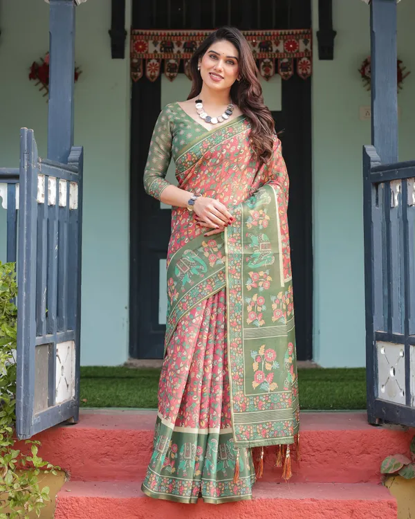 Green_and_Red_Handloom_Cotton-Linen_Saree_with_Elephant_Motifs_and_Floral_Detailing