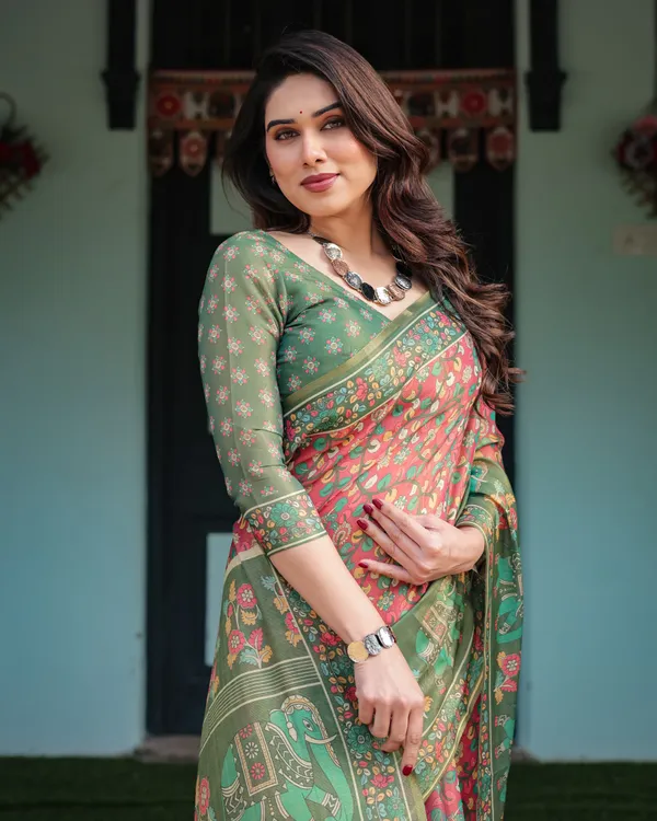 Green_and_Red_Handloom_Cotton-Linen_Saree_with_Elephant_Motifs_and_Floral_Detailing