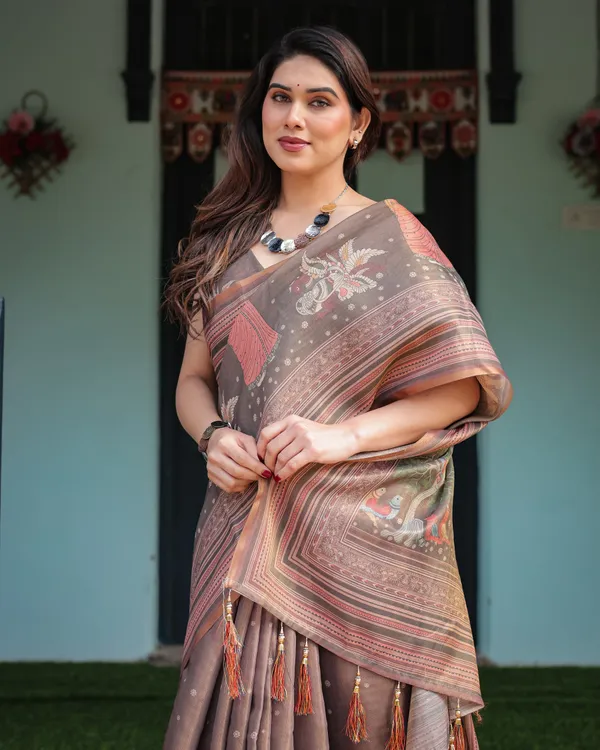 Earthy_Brown_Handloom_Cotton-Linen_Saree_with_Bird_Motifs_and_Striped_Detailing