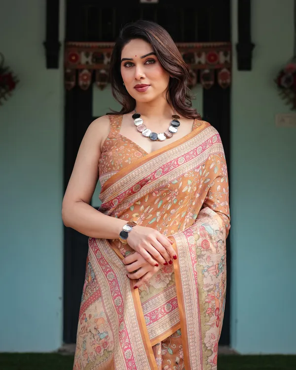 Warm_Gold_Pure_Linen_Cotton_Handloom_Printed_Saree_with_Floral_and_Figurative_Patterns,_Golden_Zari_Weave,_Tassels,_and_Slub_Texture