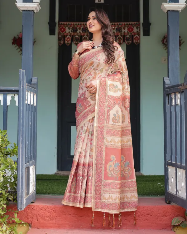 Cream_with_Coral_Borders_Linen_Cotton_Handloom_Printed_Saree,_Peacock_Motifs,_Floral_Design,_and_Tassels