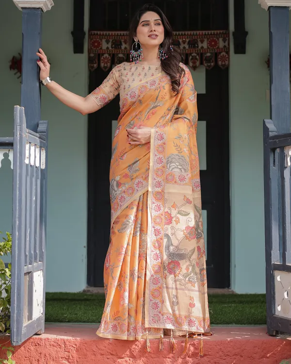 Sunny_Mustard_with_Floral_Motifs_Linen_Cotton_Handloom_Printed_Saree,_Delicate_Borders,_and_Tassels