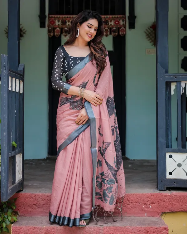 Blush_Pink_Pure_Cotton_Linen_Saree_with_Contrast_Polka_Dot_Blouse_and_Tassel_Detailing