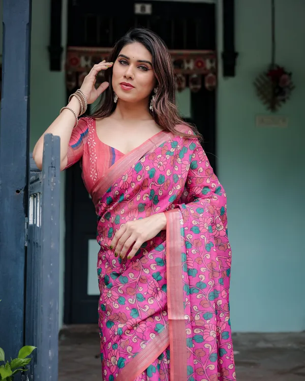 Magenta_and_Pink_Pure_Cotton_Linen_Saree_with_Floral_and_Paisley_Block_Print,_Blouse,_and_Tassel_Detailing