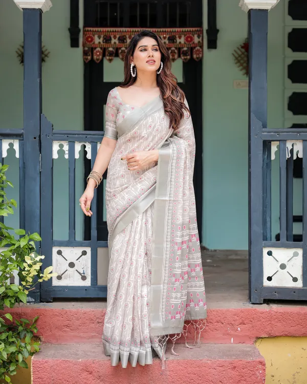 Soft_Grey_Pure_Cotton_Linen_Saree_with_Pink_and_White_Ikat_Design,_Blouse,_and_Tassel_Detailing