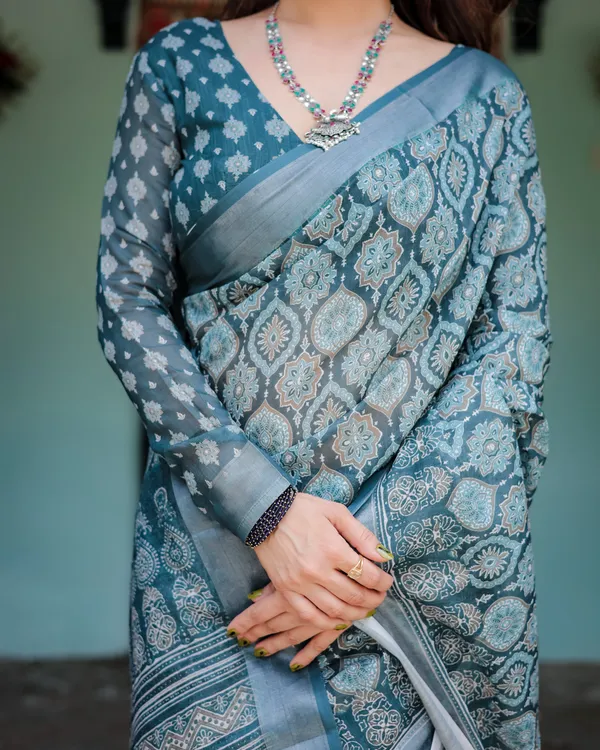 Teal_Blue_Pure_Cotton_Linen_Saree_with_Geometric_Block_Print,_Blouse,_and_Tassel_Detailing