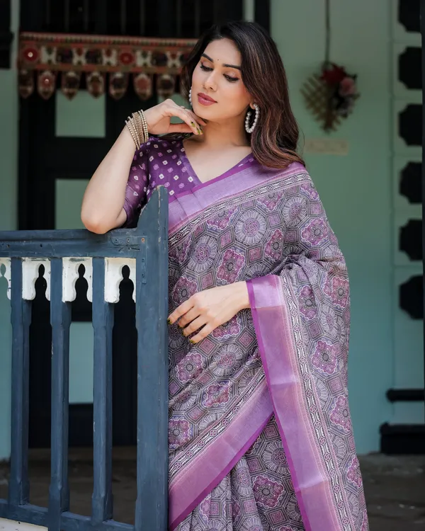 Elegant_Purple_Cotton_Linen_Saree_with_Geometric_Motif_and_Blouse