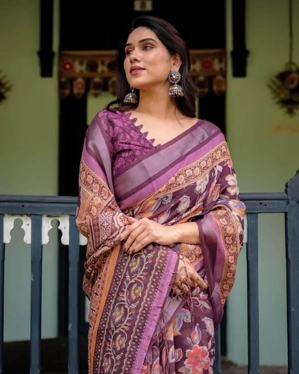 Purple_Floral_Printed_Pure_Cotton_Linen_Saree_with_Blouse_and_Tassels