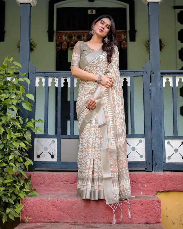 Beige_Pure_Cotton_Linen_Saree_with_Geometric_and_Leaf_Pattern,_Blouse,_and_Tassels