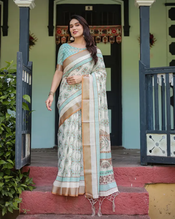 Beige_With_Aqua_Pure_Cotton_Linen_Saree_with_Geometric_Floral_Design_and_Tassels_on_Edges