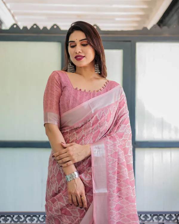Elegant_Rose_Pink_Pure_Cotton_Linen_Saree_with_White_Thread_Work,_Matching_Blouse,_and_Tassel_Edges
