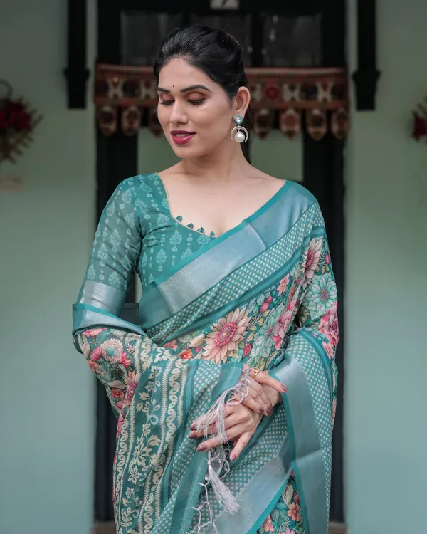 Teal_Green_Floral_Printed_Pure_Cotton_Linen_Saree_with_Blouse_and_Tassels_on_Edges