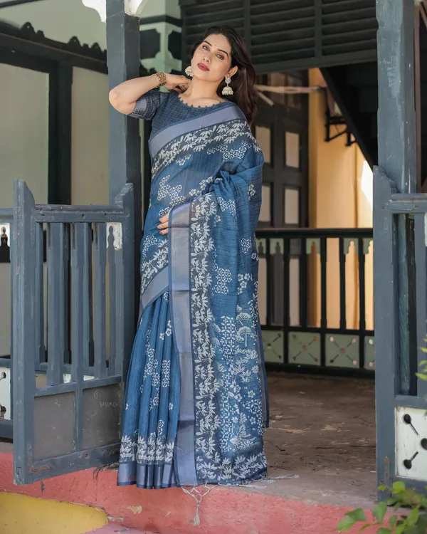 Indigo_Blue_Pure_Cotton_Linen_Saree_with_White_Floral_Pattern,_Blouse_&_Tassel_Details