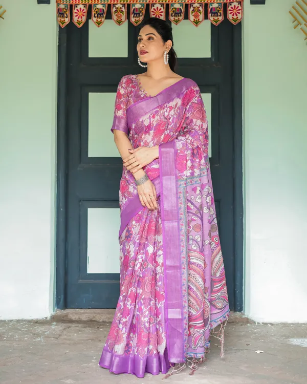 Purple_and_Pink_Floral_Printed_Pure_Cotton_Linen_Saree_with_Blouse_and_Tassels