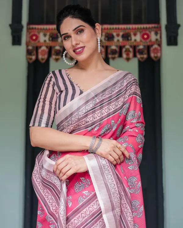 Pink_and_Beige_Floral_Printed_Pure_Cotton_Linen_Saree_with_Striped_Blouse_and_Tassels_on_Edges
