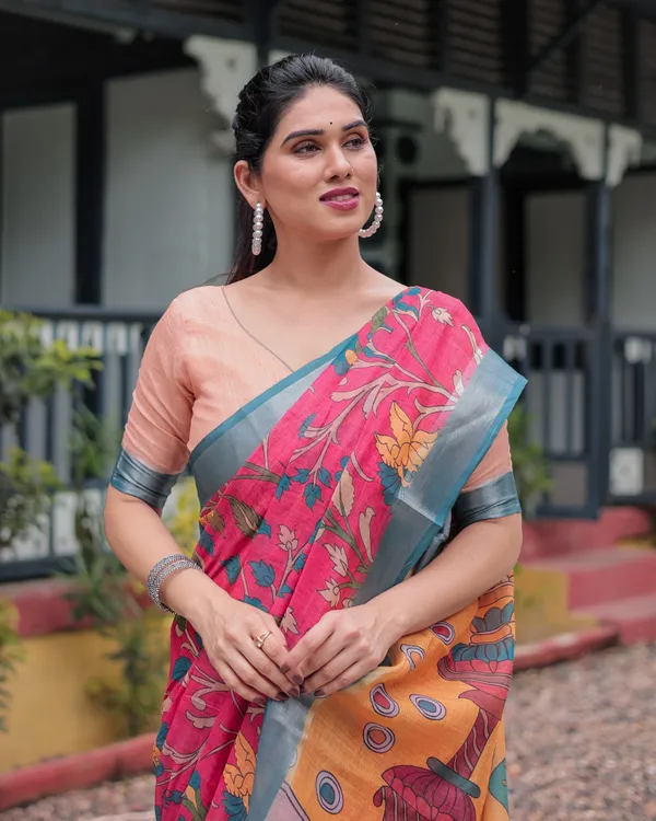 Pink_and_Orange_Pure_Cotton_Linen_Saree_with_Floral_Kalamkari_Print,_Blue_Border,_and_Tassels