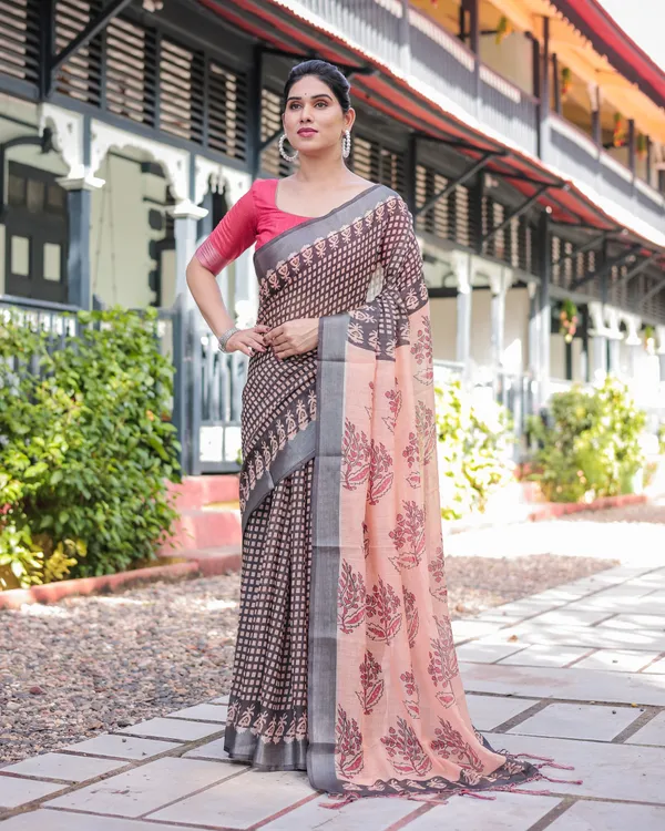 Peach_and_Black_Floral_and_Geometric_Design_Pure_Cotton_Linen_Saree_with_Blouse_and_Tassels