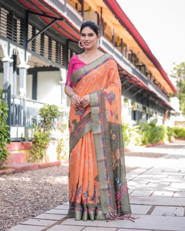 Orange_and_Olive_Green_Kalamkari_Design_Pure_Cotton_Linen_Saree_with_Blouse_and_Tassels