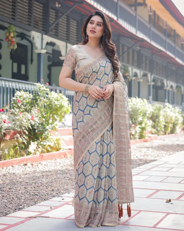 Classic_Beige_Handloom_Cotton-Linen_Saree_with_Madhubani-Inspired_Prints_and_Zari_Highlights