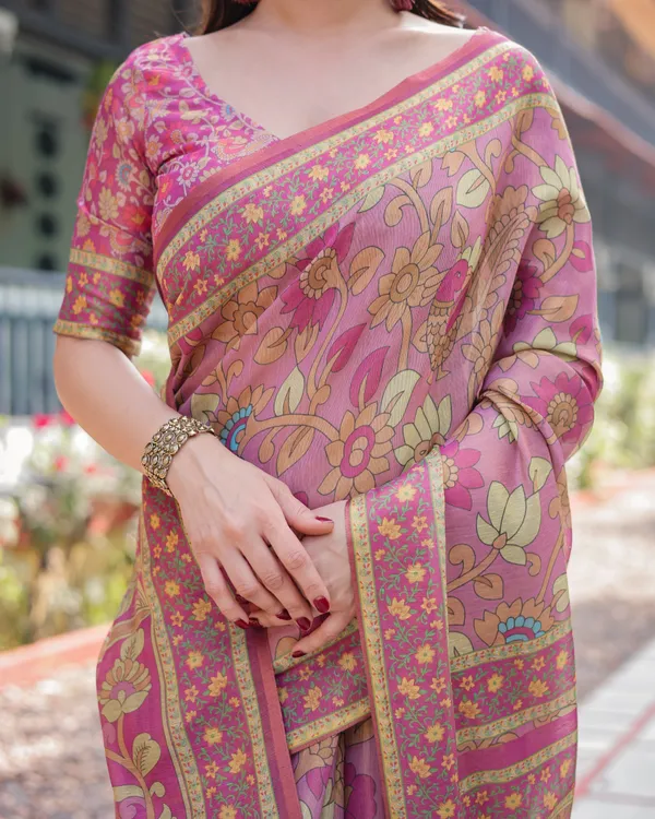 Regal_Pink_Handloom_Cotton-Linen_Saree_with_Floral_Motifs,_Golden_Zari_Highlights,_and_Tassel_Detailing