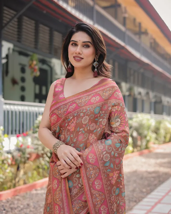 Copper_Brown_Handloom_Cotton-Linen_Saree_with_Floral_Motifs_and_Vibrant_Pink_Accents