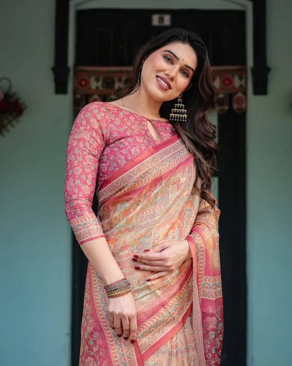 Peach_and_Pink_Handloom_Cotton-Linen_Saree_with_Mythological_Motifs_and_Floral_Pallu