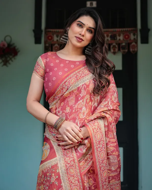 Crimson_Red_Handloom_Cotton-Linen_Saree_with_Mythological_Motifs_and_Floral_Border