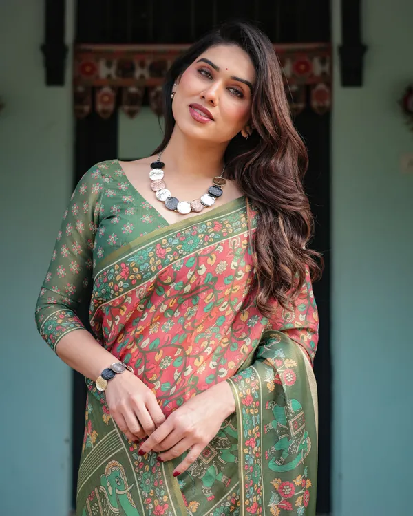 Green_and_Red_Handloom_Cotton-Linen_Saree_with_Elephant_Motifs_and_Floral_Detailing