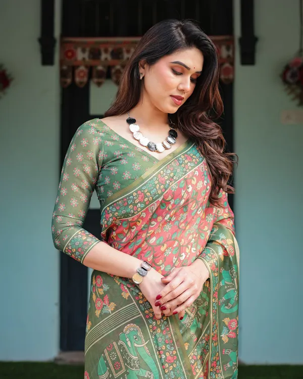 Green_and_Red_Handloom_Cotton-Linen_Saree_with_Elephant_Motifs_and_Floral_Detailing