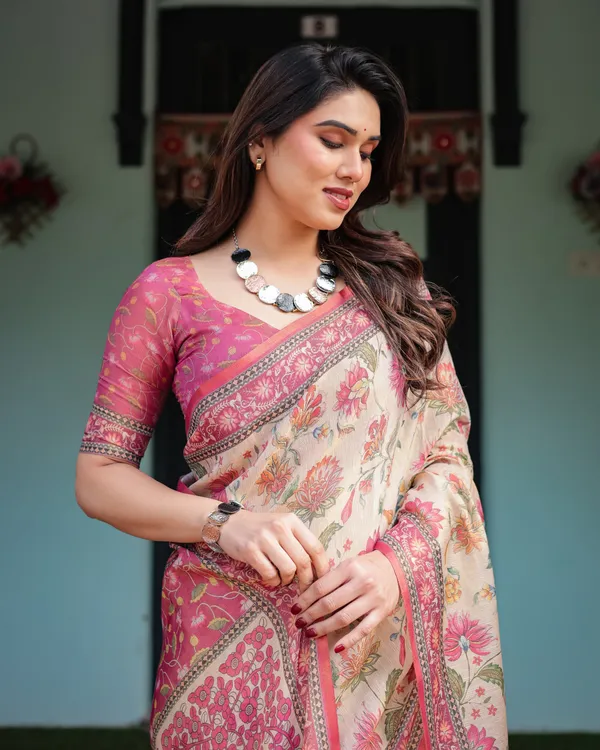 Cream_and_Pink_Handloom_Cotton-Linen_Saree_with_Vibrant_Floral_and_Elephant_Motifs
