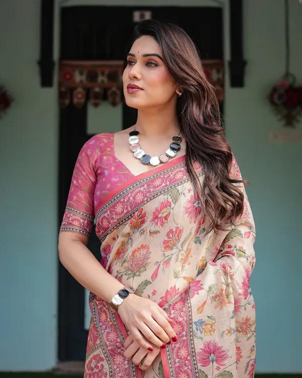 Cream_and_Pink_Handloom_Cotton-Linen_Saree_with_Vibrant_Floral_and_Elephant_Motifs