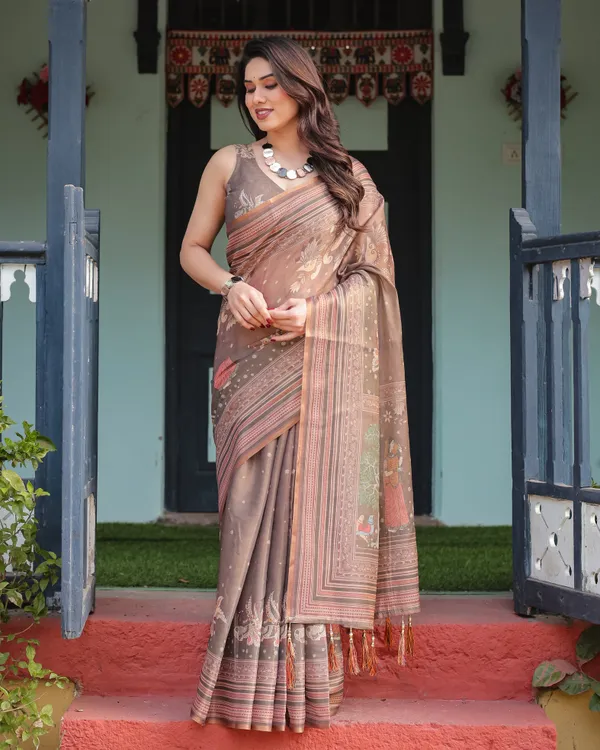 Earthy_Brown_Handloom_Cotton-Linen_Saree_with_Bird_Motifs_and_Striped_Detailing