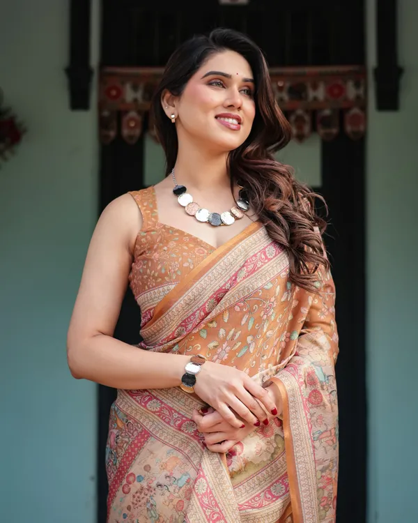 Warm_Gold_Pure_Linen_Cotton_Handloom_Printed_Saree_with_Floral_and_Figurative_Patterns,_Golden_Zari_Weave,_Tassels,_and_Slub_Texture