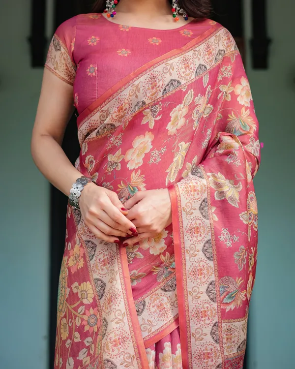Rosy_Pink_with_Intricate_Floral_Motifs_Linen_Cotton_Handloom_Printed_Saree,_Peacock_Pallu,_and_Tassels
