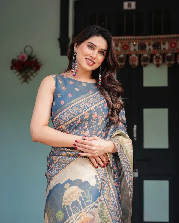 Steel_Blue_with_Floral_Patterns_Linen_Cotton_Handloom_Printed_Saree,_Heritage-Inspired_Pallu,_and_Tassels