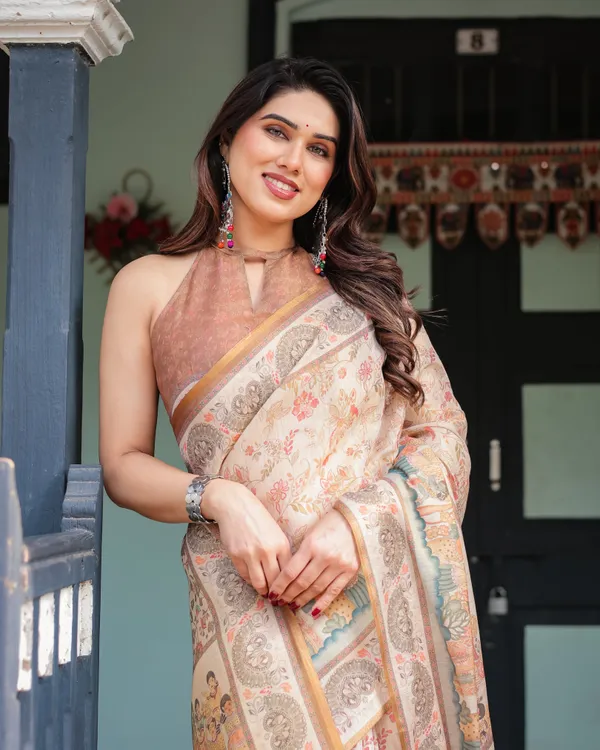 Ivory_with_Floral_Prints_Linen_Cotton_Handloom_Printed_Saree,_Festive_Procession_Pallu,_and_Tassels