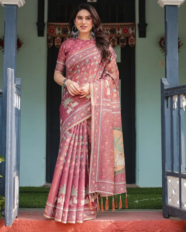 Mauve_with_Floral_Motifs_Linen_Cotton_Handloom_Printed_Saree,_Pastoral_Scene_Pallu,_and_Tassels