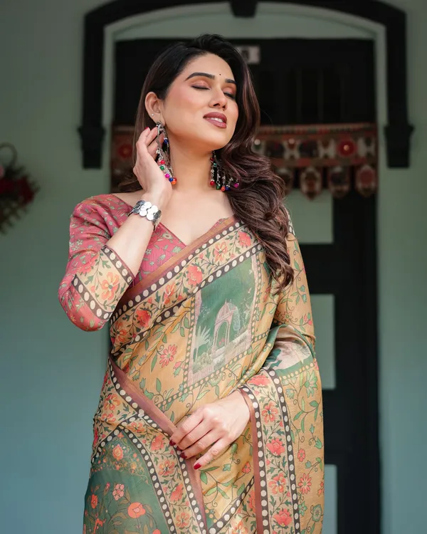 Mustard_Yellow_with_Floral_Motifs,_Linen_Cotton_Handloom_Printed_Saree_Architectural_Pallu,_and_Tassels