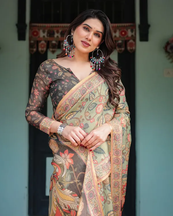 Sage_Green_with_Bold_Floral_Motifs_Linen_Cotton_Handloom_Printed_Saree,_Vibrant_Peacock_Pallu,_and_Tassels