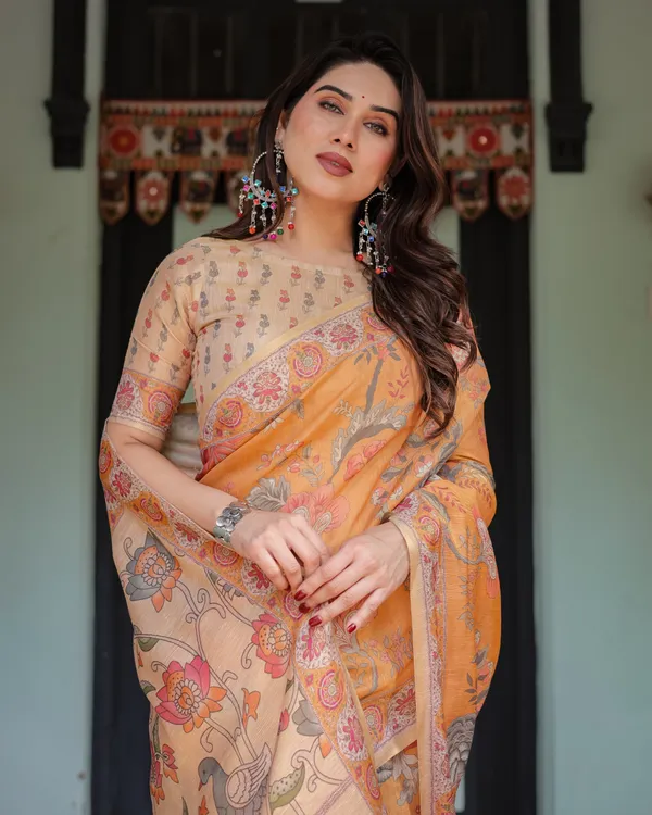 Sunny_Mustard_with_Floral_Motifs_Linen_Cotton_Handloom_Printed_Saree,_Delicate_Borders,_and_Tassels