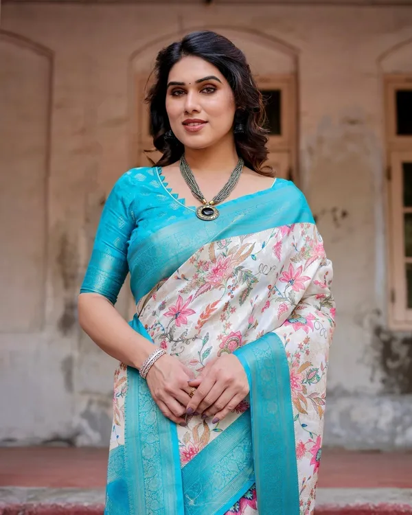 White_and_Aqua_Floral_Design_Banarasi_Silk_Saree_with_Zari_Weave_and_Tassel-Embellished_Pallu