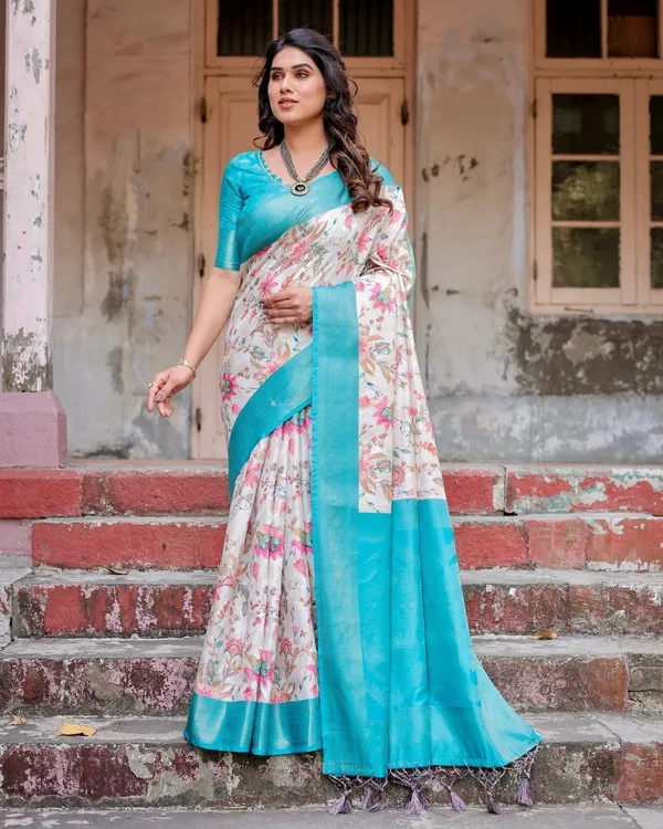 White_and_Aqua_Floral_Design_Banarasi_Silk_Saree_with_Zari_Weave_and_Tassel-Embellished_Pallu