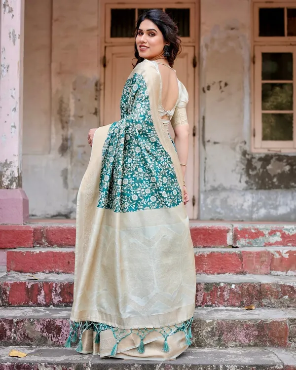 Teal_and_Cream_Floral_Banarasi_Silk_Saree_with_Zari_Weave_and_Tassel-Accented_Pallu