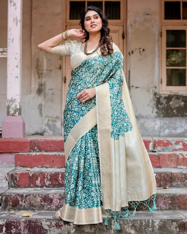 Teal_and_Cream_Floral_Banarasi_Silk_Saree_with_Zari_Weave_and_Tassel-Accented_Pallu
