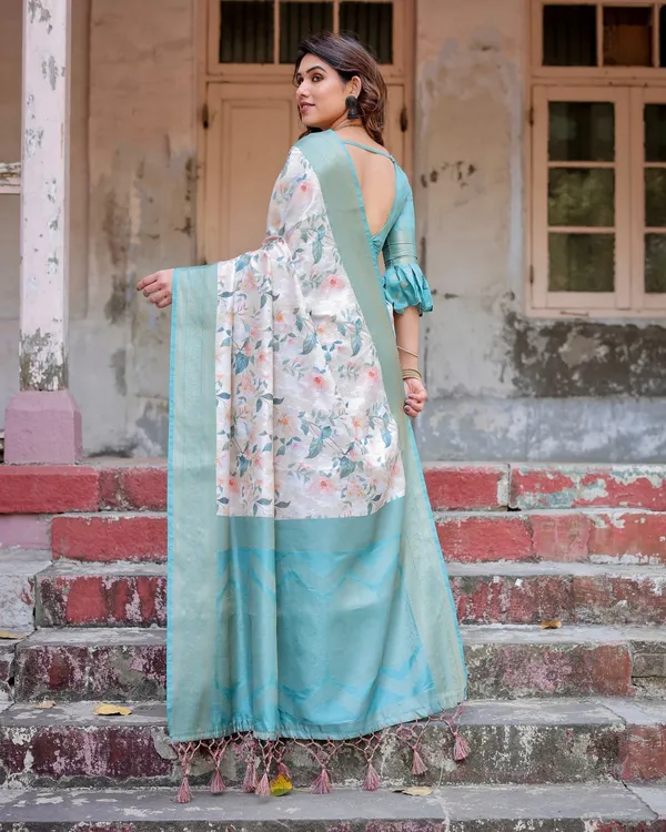 White_and_Aqua_Floral_Digital_Print_Banarasi_Silk_Saree_with_Zari_Weave_and_Tassel-Adorned_Pallu
