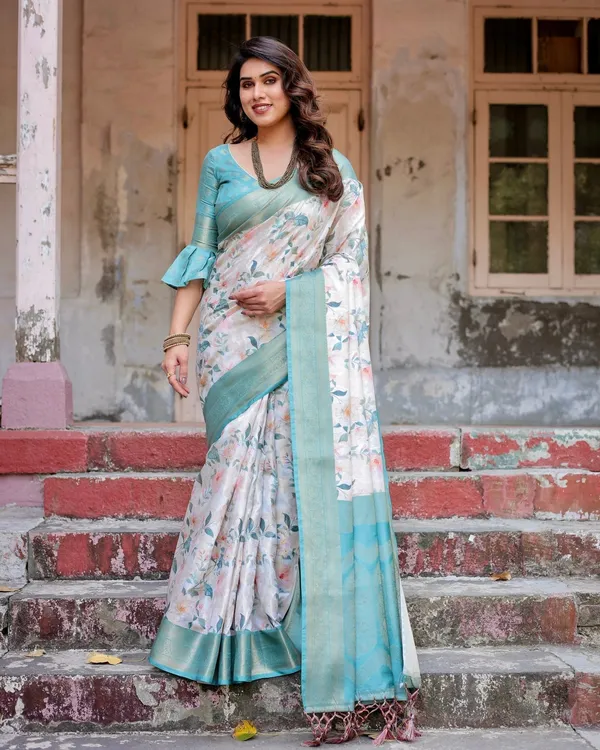 White_and_Aqua_Floral_Digital_Print_Banarasi_Silk_Saree_with_Zari_Weave_and_Tassel-Adorned_Pallu