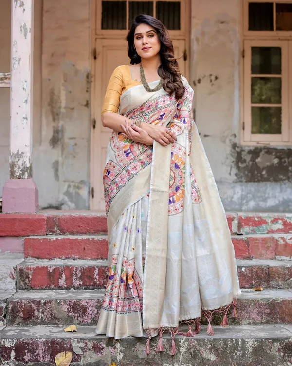 Off-White_and_Multicolor_Mandala_Design_Banarasi_Silk_Saree_with_Zari_Weave_and_Tassel-Adorned_Pallu