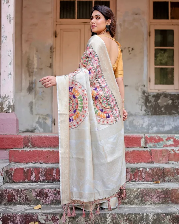 Off-White_and_Multicolor_Mandala_Design_Banarasi_Silk_Saree_with_Zari_Weave_and_Tassel-Adorned_Pallu